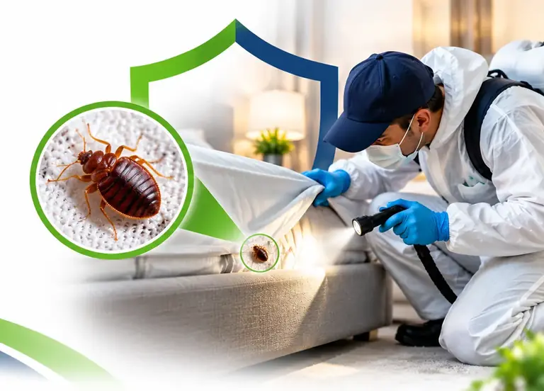 Technician inspecting a mattress seam for bed bugs