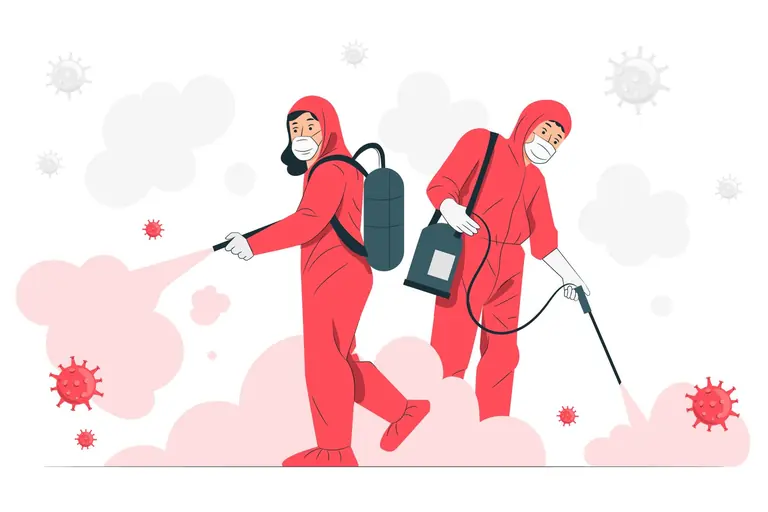 Professional pest control technicians spraying safely