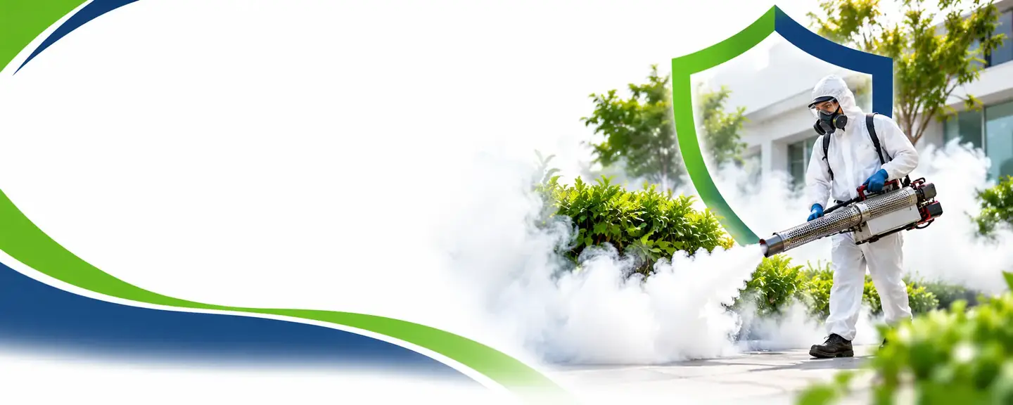 Pest control technician fogging garden plants outside a building with a thermal fogger