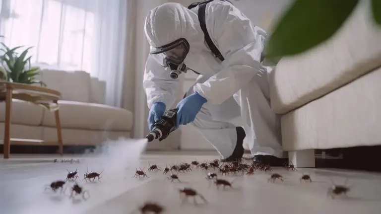 Bug exterminator treating cockroaches in a home