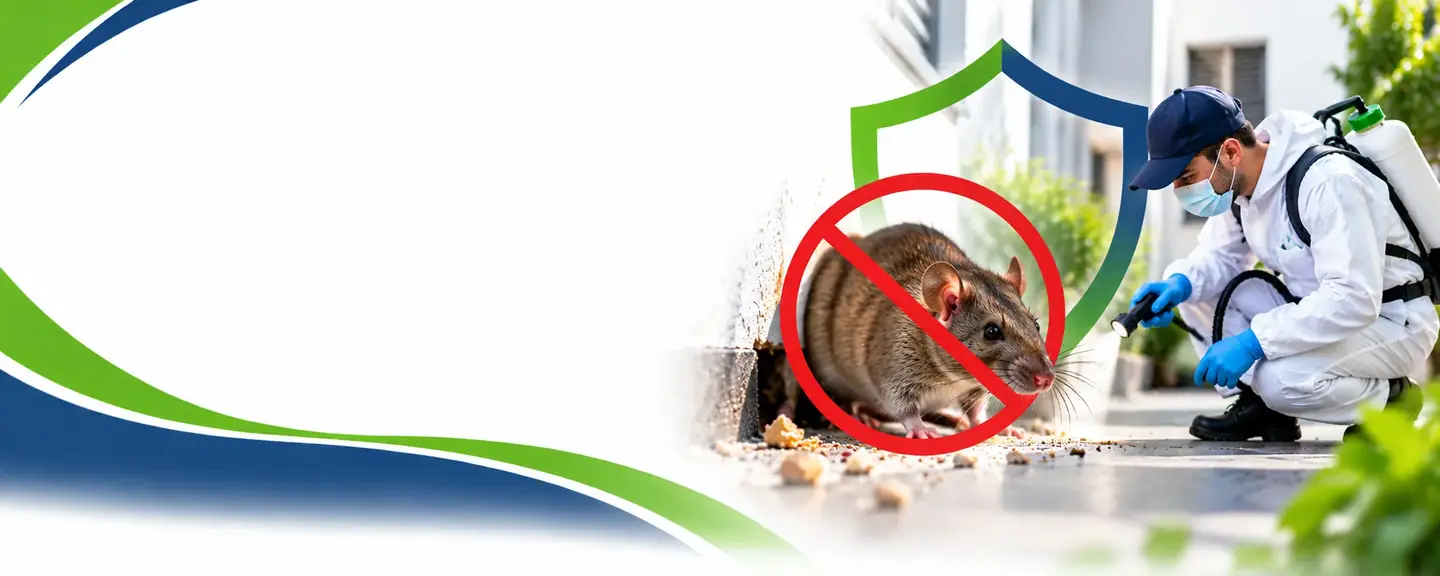 Technician inspecting a rat entry hole along a building wall for rodent control