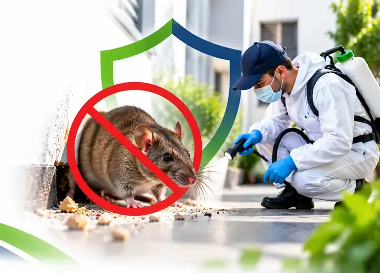 Technician inspecting a rat entry hole along a building wall